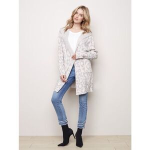 Charlie B Leopard Animal Print Gray Cream Hooded Cardigan Sweater Coat